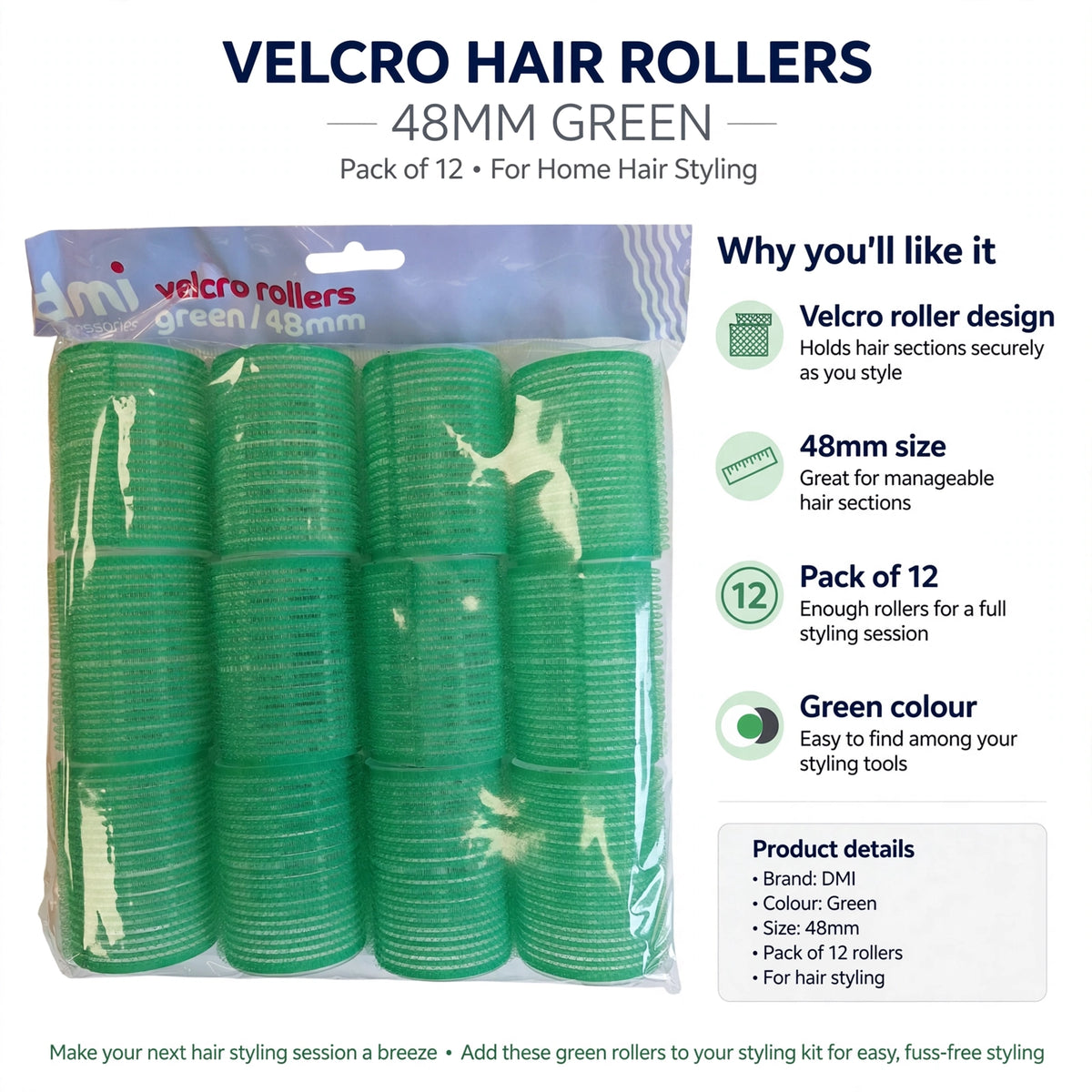 Infographic showing Velcro roller design, 48mm size, pack of 12, and green colour features