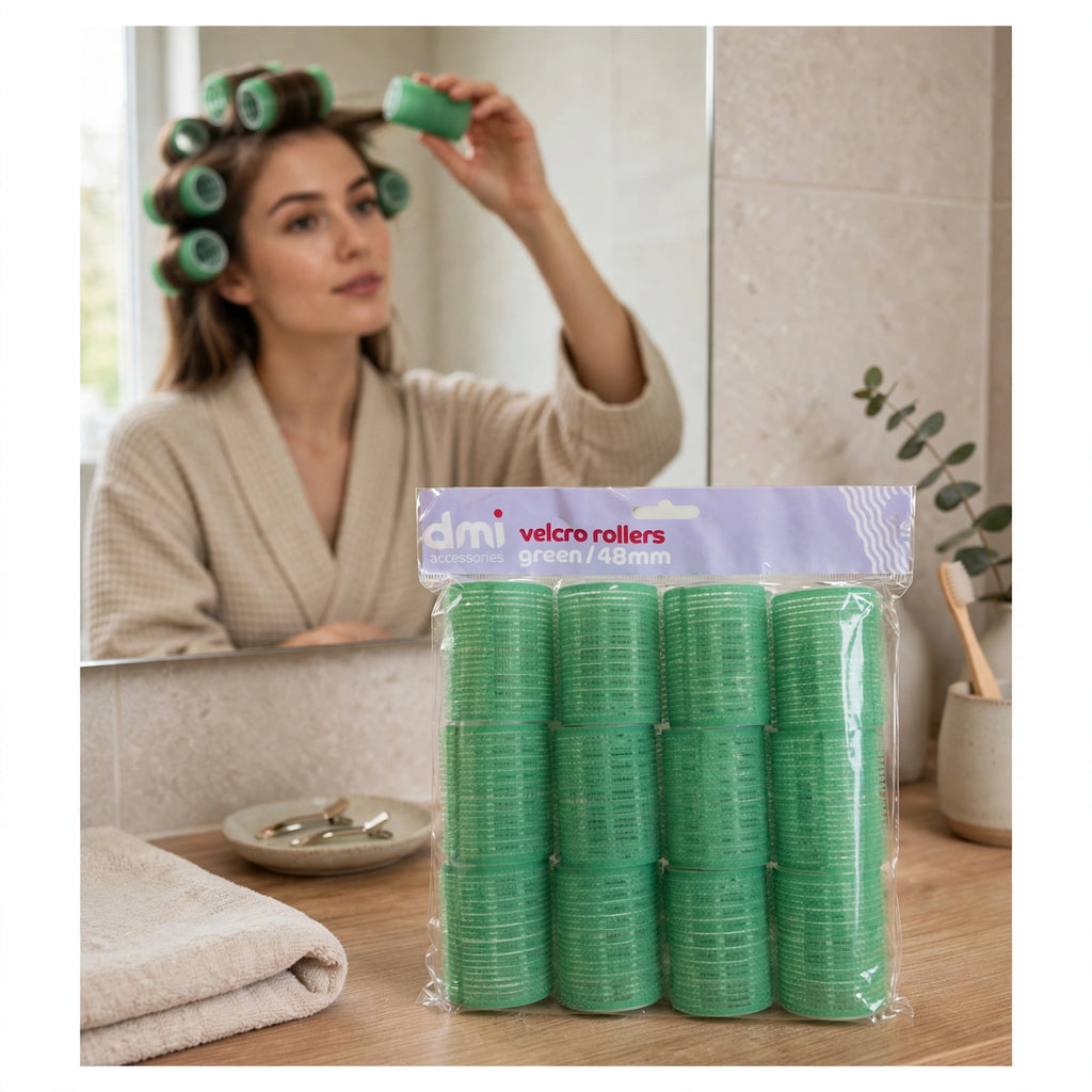 Green Velcro hair rollers used for sectioning and setting hair at home