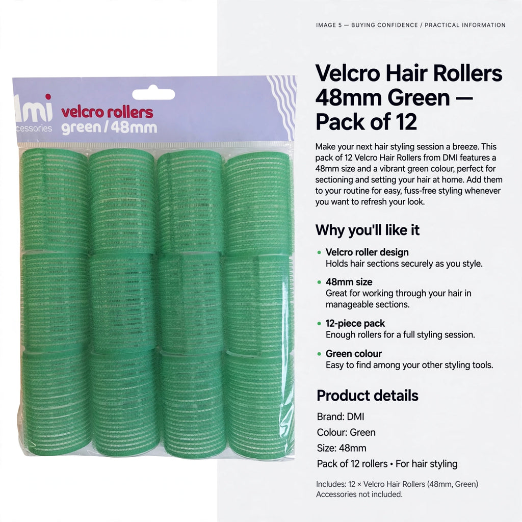Information about 12-piece pack of green Velcro hair rollers for hair styling