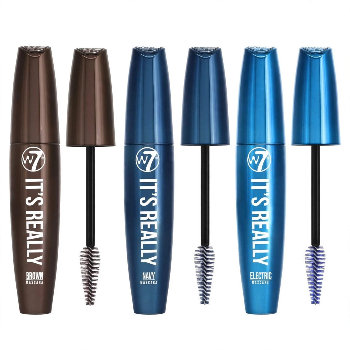 W7 It's Really Colour Mascara with colour options brown, electric blue, and navy
