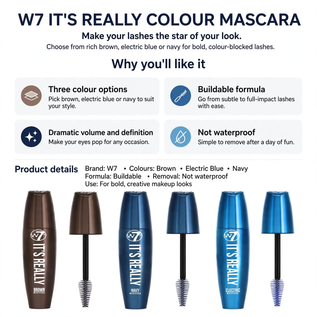 Infographic showing three colour options, buildable formula, dramatic volume and definition, and not waterproof