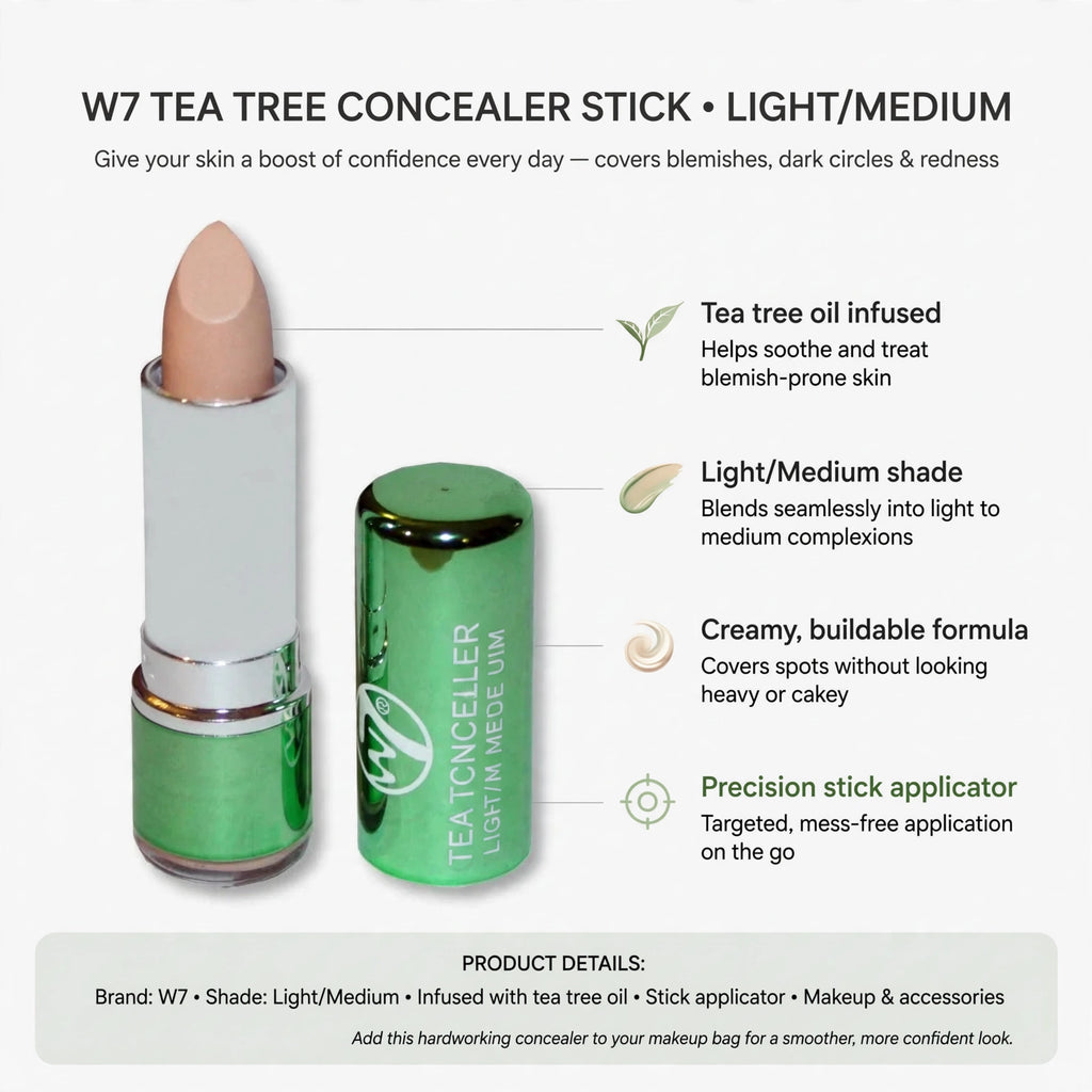 Concealer stick features tea tree oil infusion, light/medium shade, creamy buildable formula, and precision stick applicator