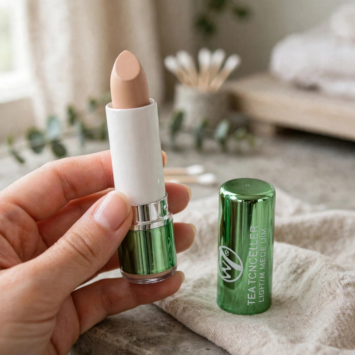 W7 Tea Tree Concealer Stick used for covering blemishes and dark circles on light to medium skin