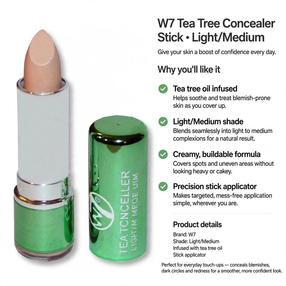 W7 Tea Tree Concealer Stick with tea tree oil for blemish-prone skin and creamy coverage