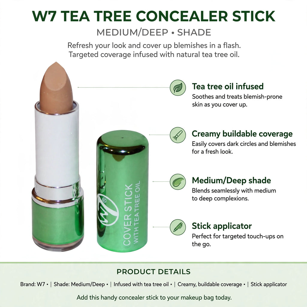 Infographic showing tea tree oil infusion, creamy buildable coverage, medium/deep shade, and stick applicator features