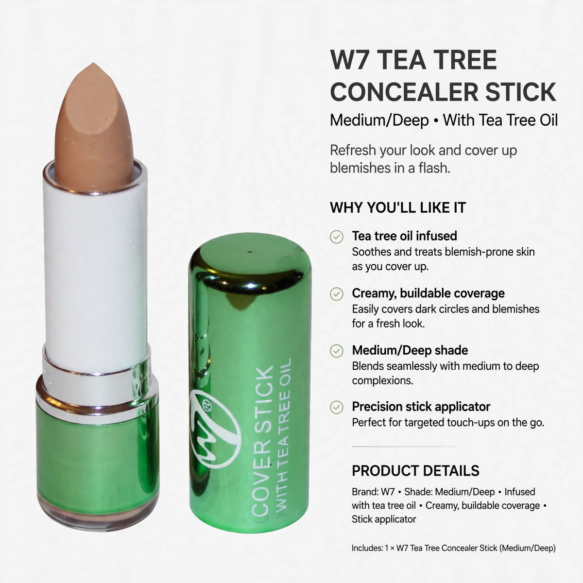 W7 Tea Tree Concealer Stick with tea tree oil for soothing skin and creamy coverage