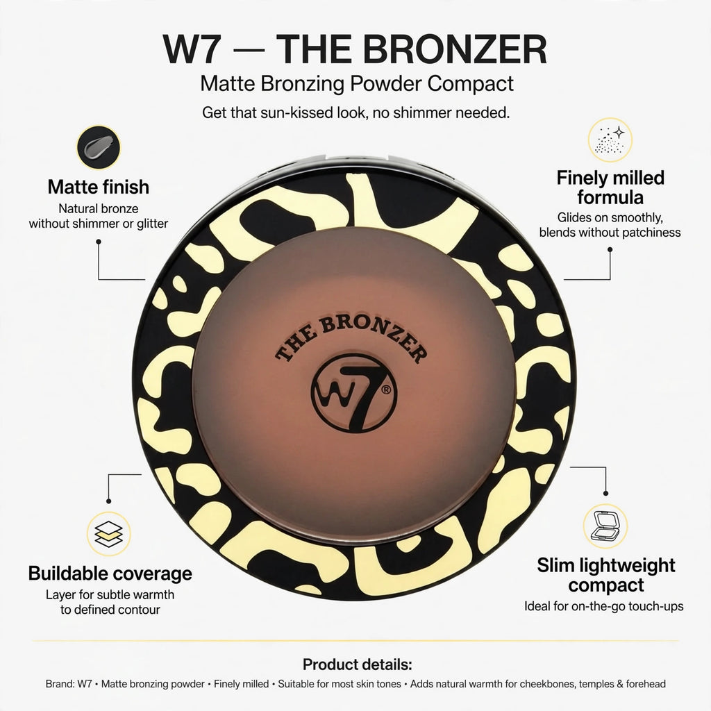 Infographic showing matte finish, finely milled formula, buildable coverage, and slim lightweight compact features