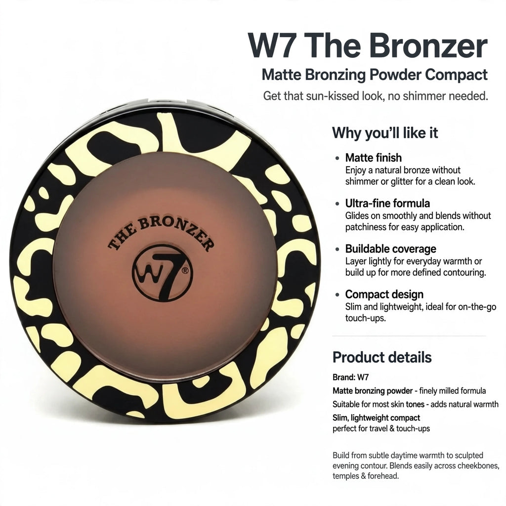 Information about matte finish, buildable coverage, and compact design of W7 The Bronzer Matte Bronzing Powder Compact