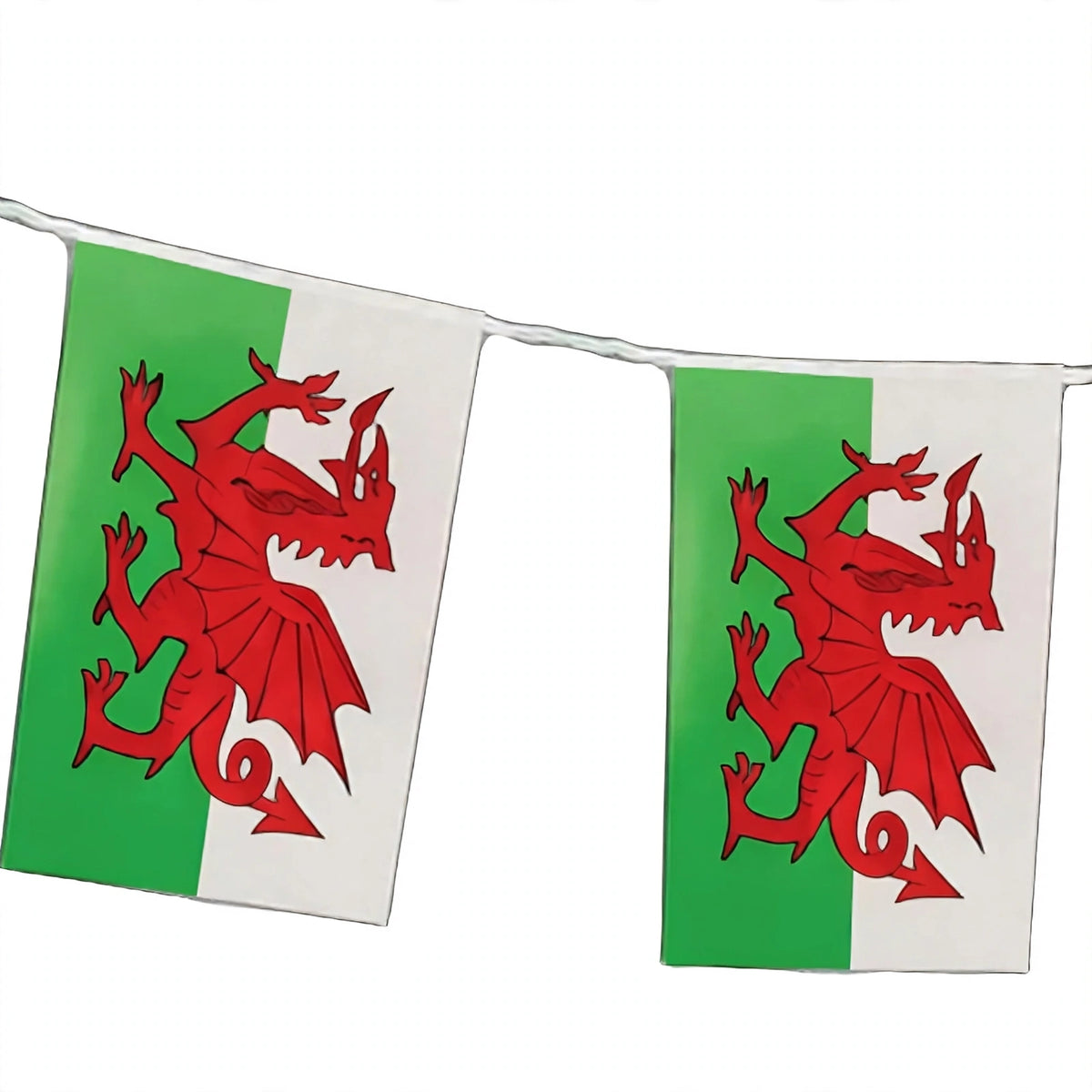 Close-up view of a single Welsh flag from the bunting showing red white and green colours