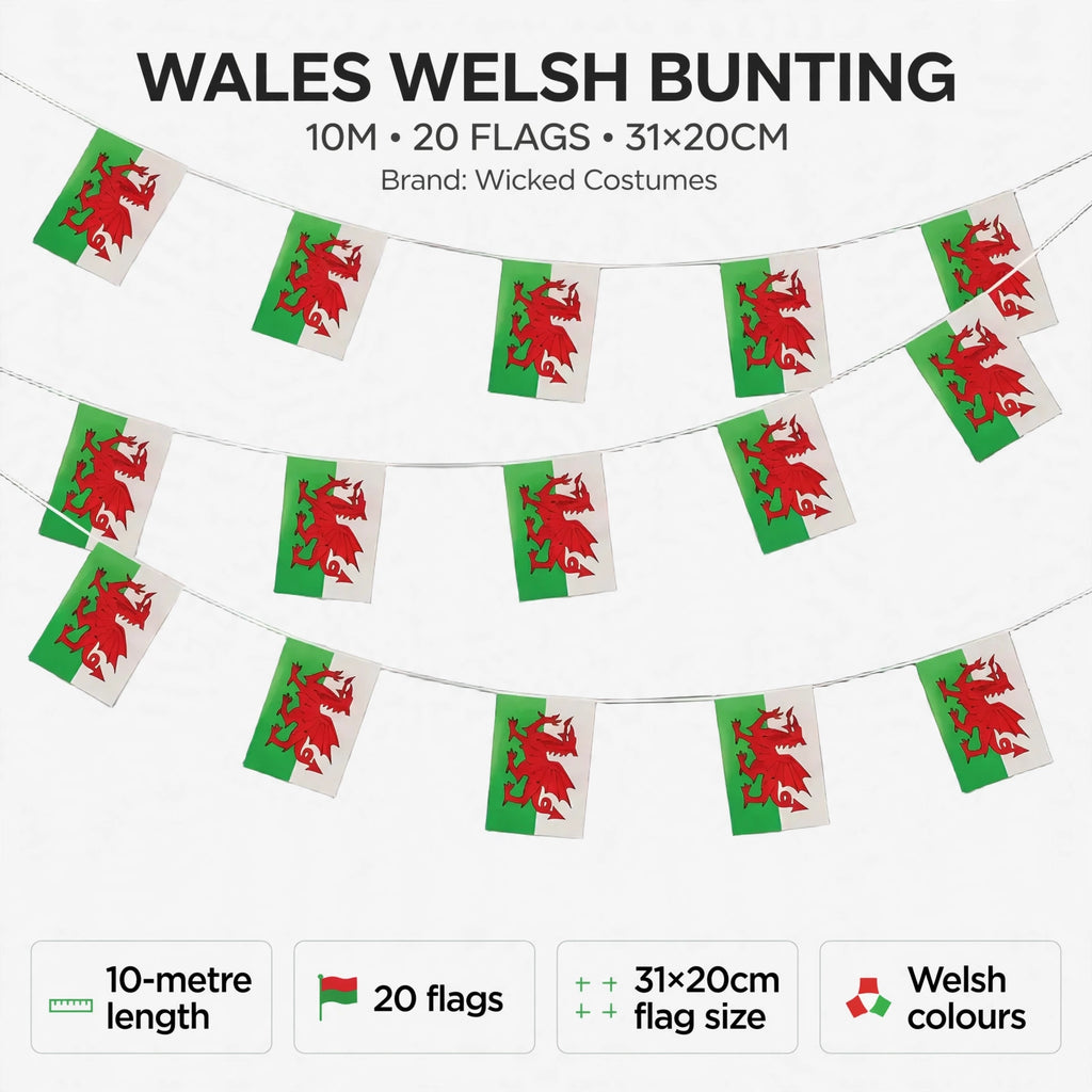 Infographic showing 10-metre length and 20 Welsh flags each measuring 31 by 20 centimeters