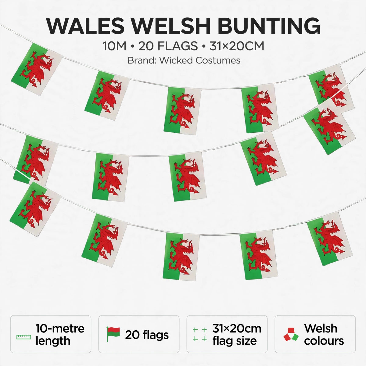 Infographic showing 10-metre length and 20 Welsh flags each measuring 31 by 20 centimeters