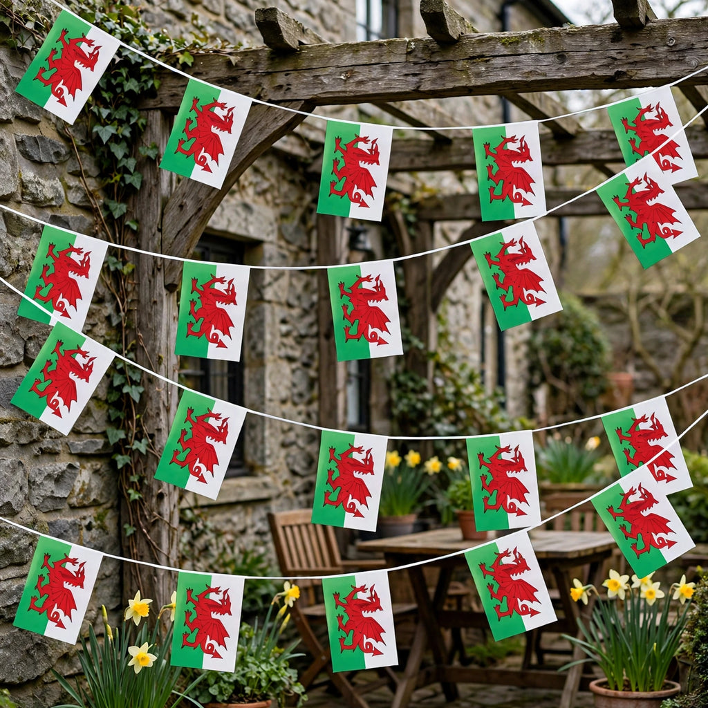 Wales Welsh bunting displayed across a garden or party space for Welsh celebrations
