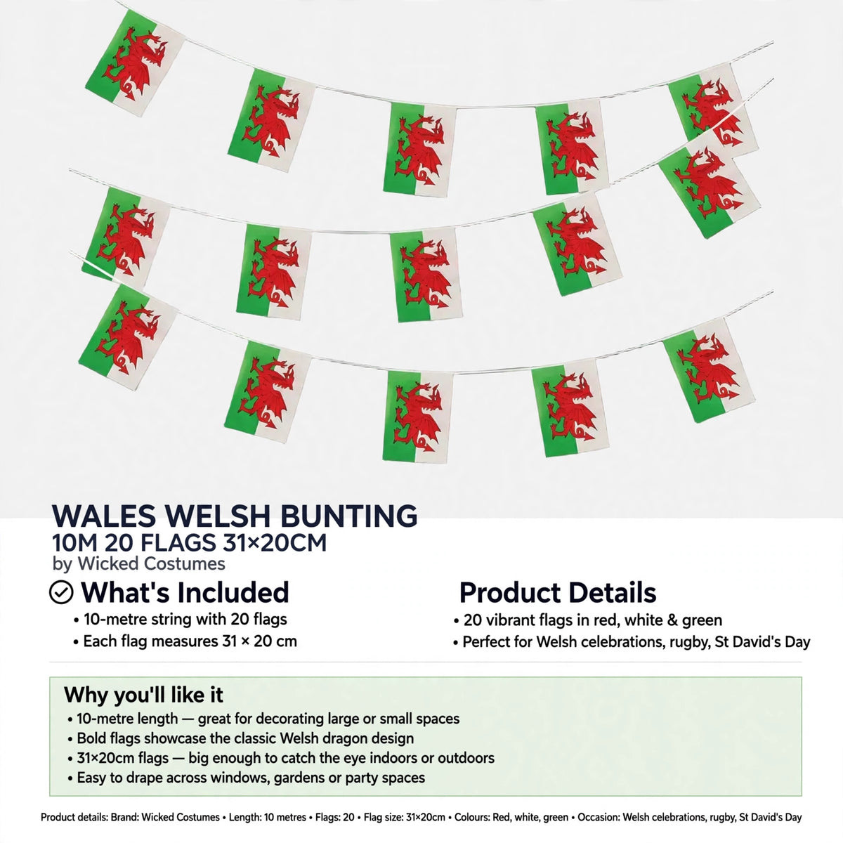 Welsh bunting suitable for decorating large or small spaces with 20 flags on a 10-metre string