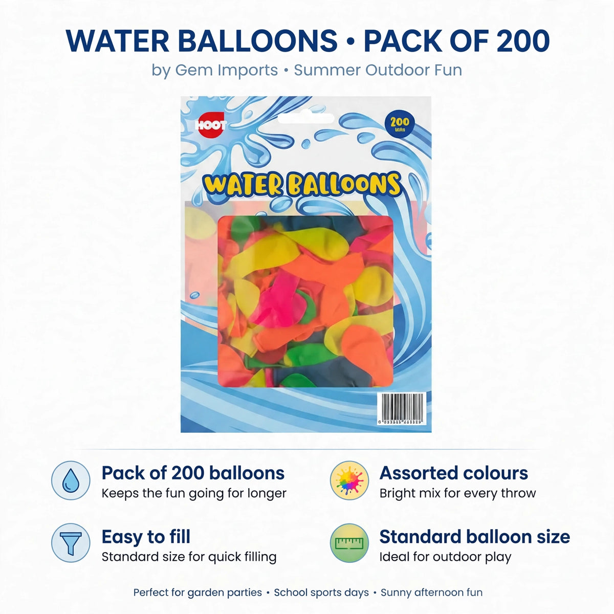 Infographic showing pack of 200 water balloons with assorted colours and easy to fill standard size