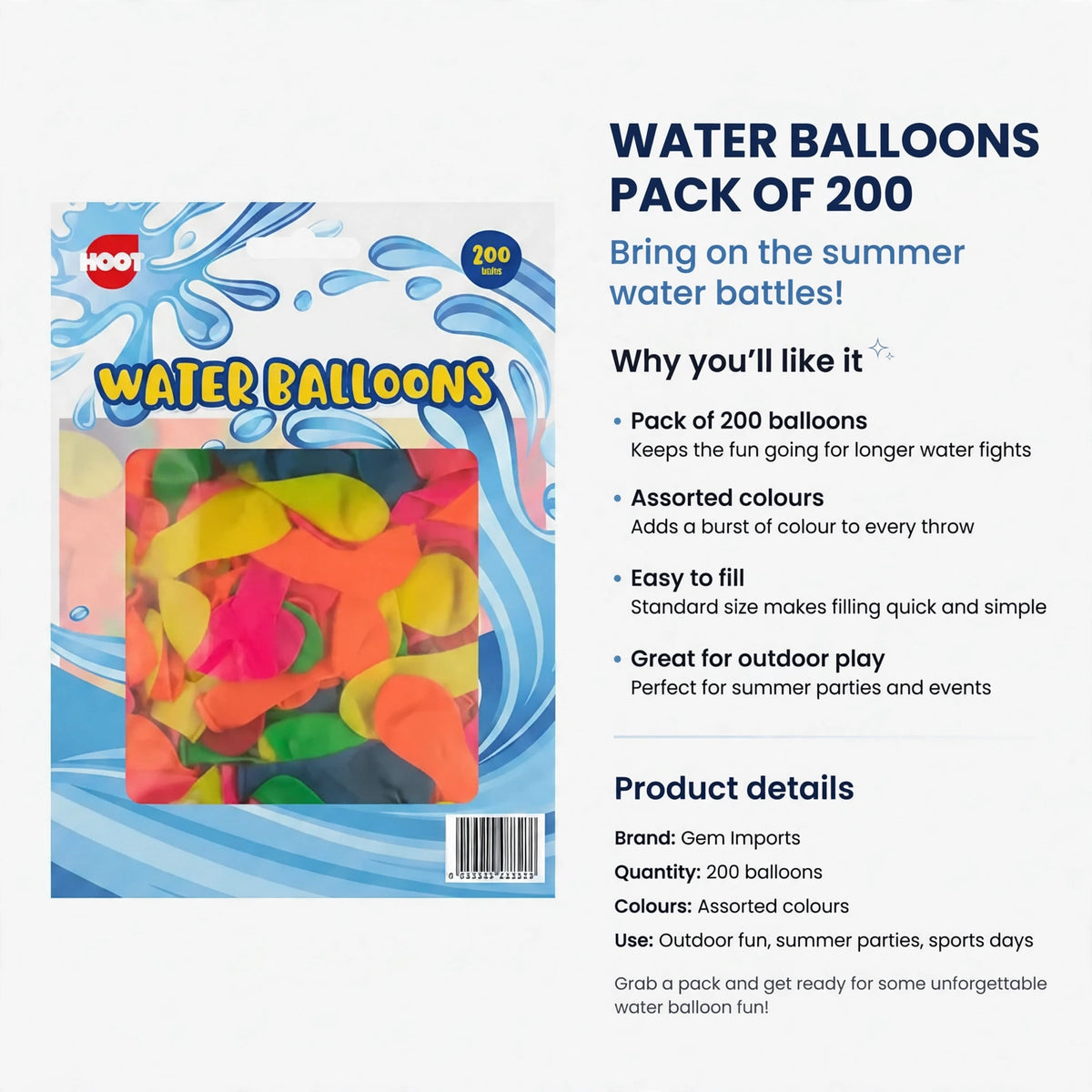 Water balloons pack containing 200 balloons suitable for outdoor summer activities