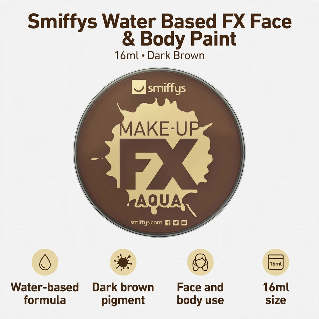 Infographic showing water-based formula, dark brown pigment, face and body use, and 16ml size