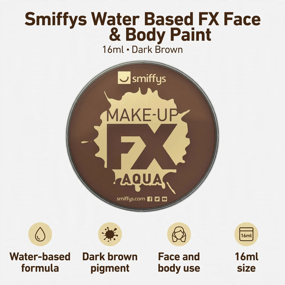 Infographic showing water-based formula, dark brown pigment, face and body use, and 16ml size