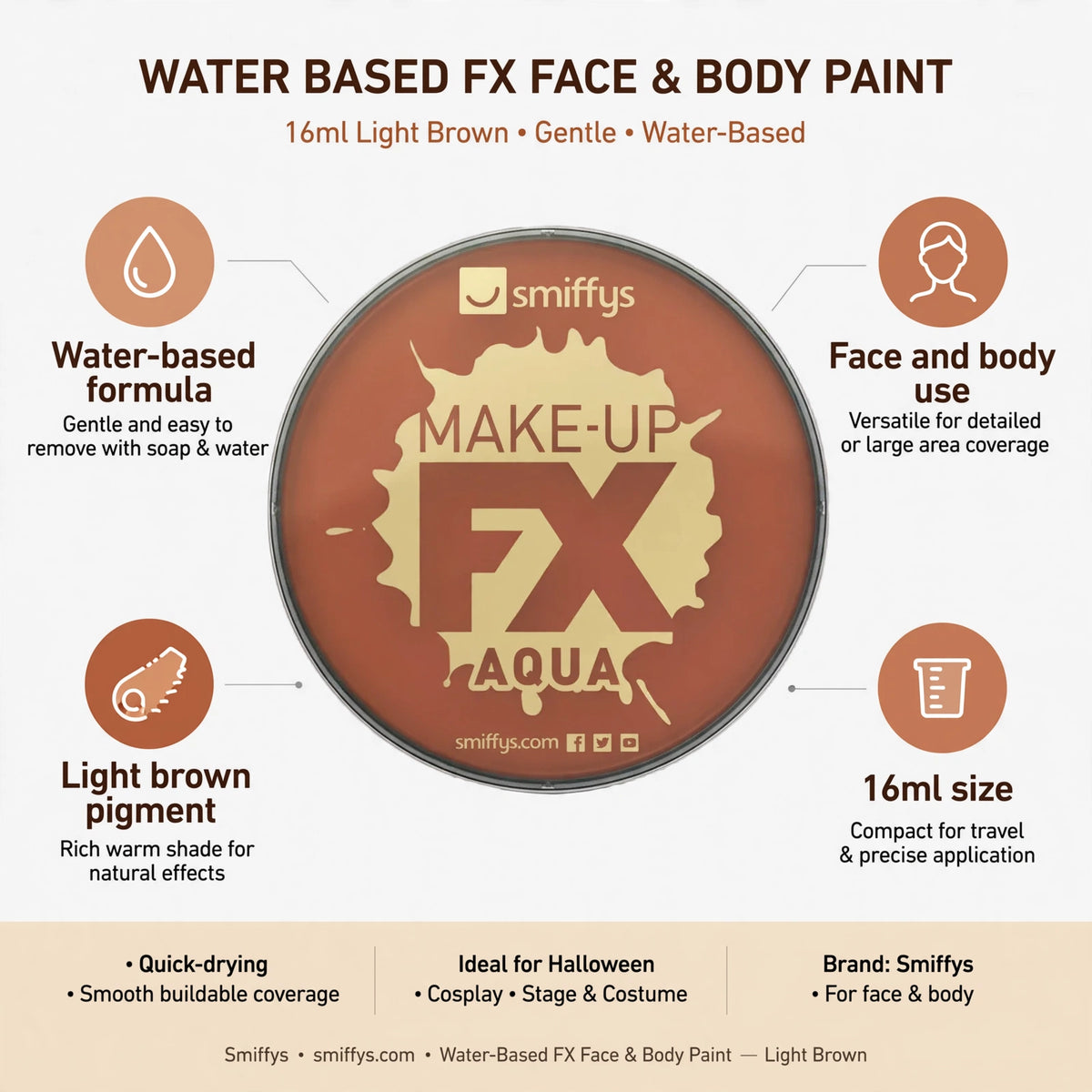 Infographic showing water-based formula, light brown pigment, face and body use, and 16ml size