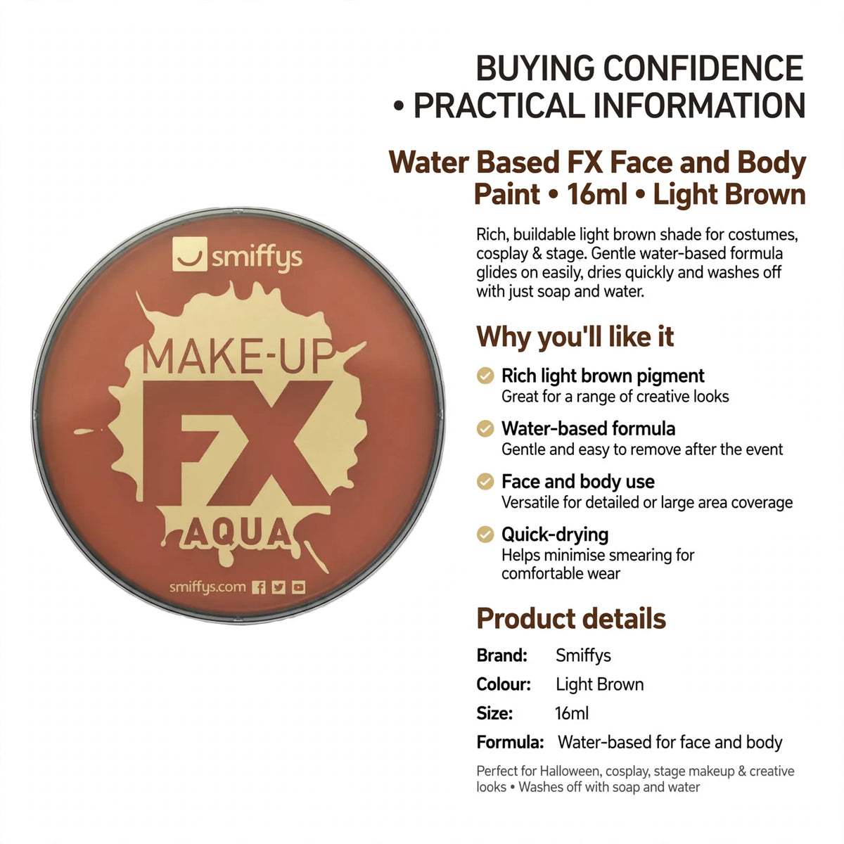 Water-based face and body paint in light brown with quick-drying and easy removal