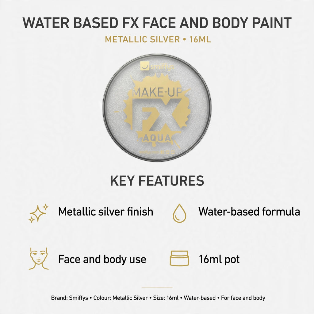 Infographic showing metallic silver finish, water-based formula, face and body use, and 16ml size