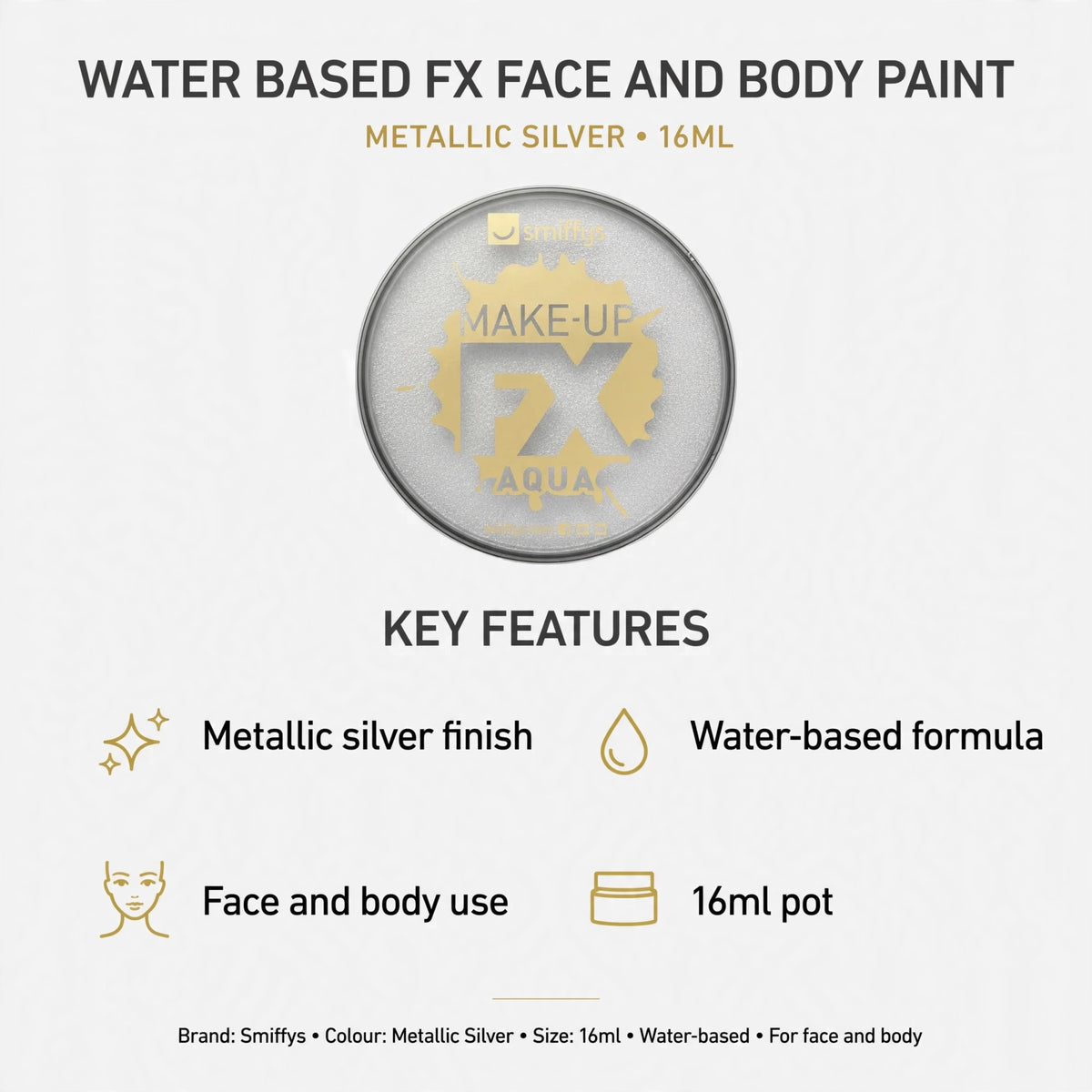 Infographic showing metallic silver finish, water-based formula, face and body use, and 16ml size