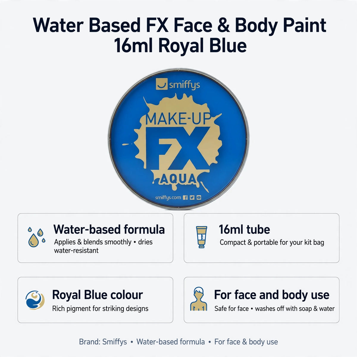 Infographic showing water-based formula, 16ml tube size, and royal blue colour