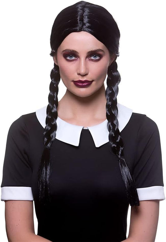 Wednesday Addams Creepy School Girl Black Plaited Long Fancy Dress Wig