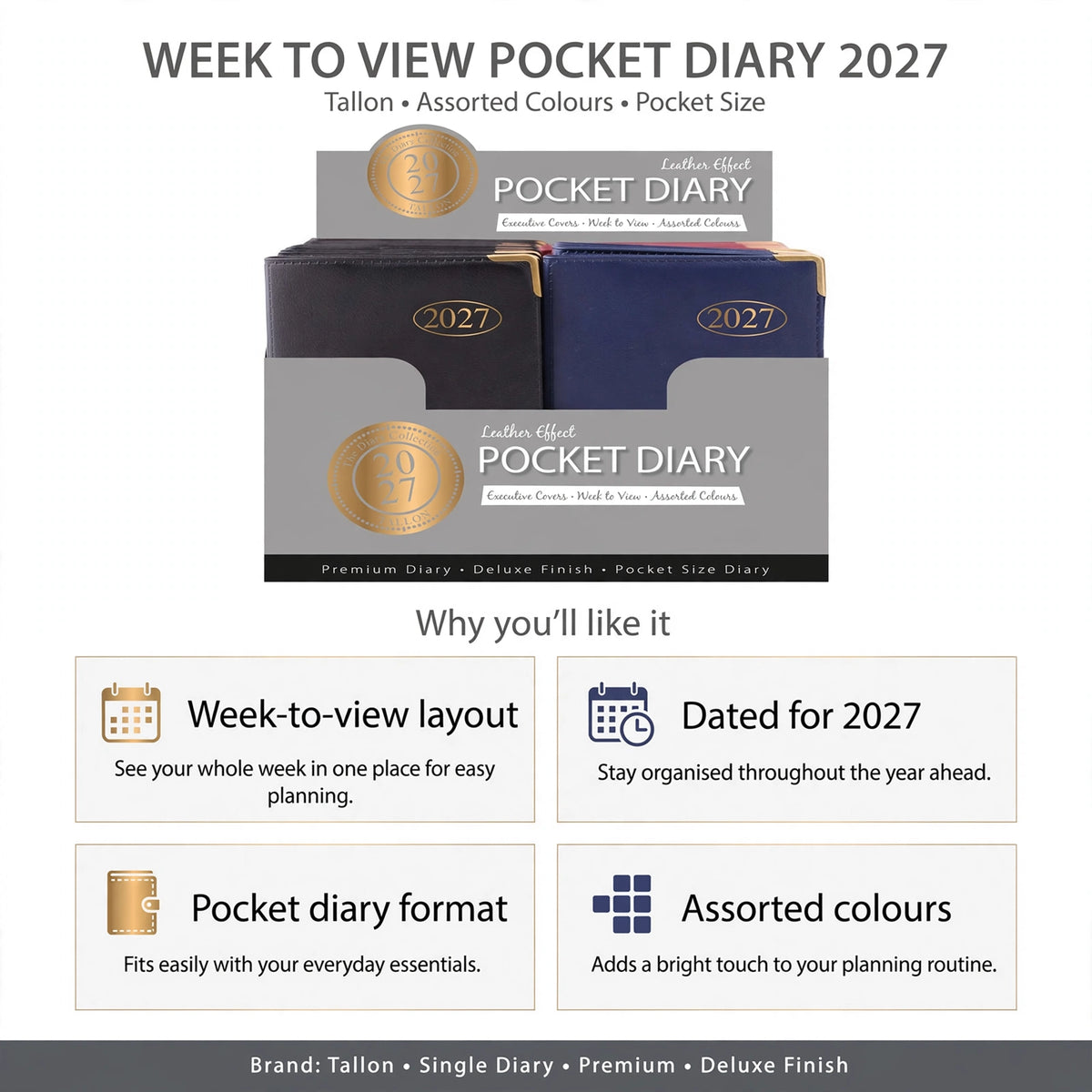 Infographic showing week-to-view layout, dated for 2027, pocket diary format, and assorted colours