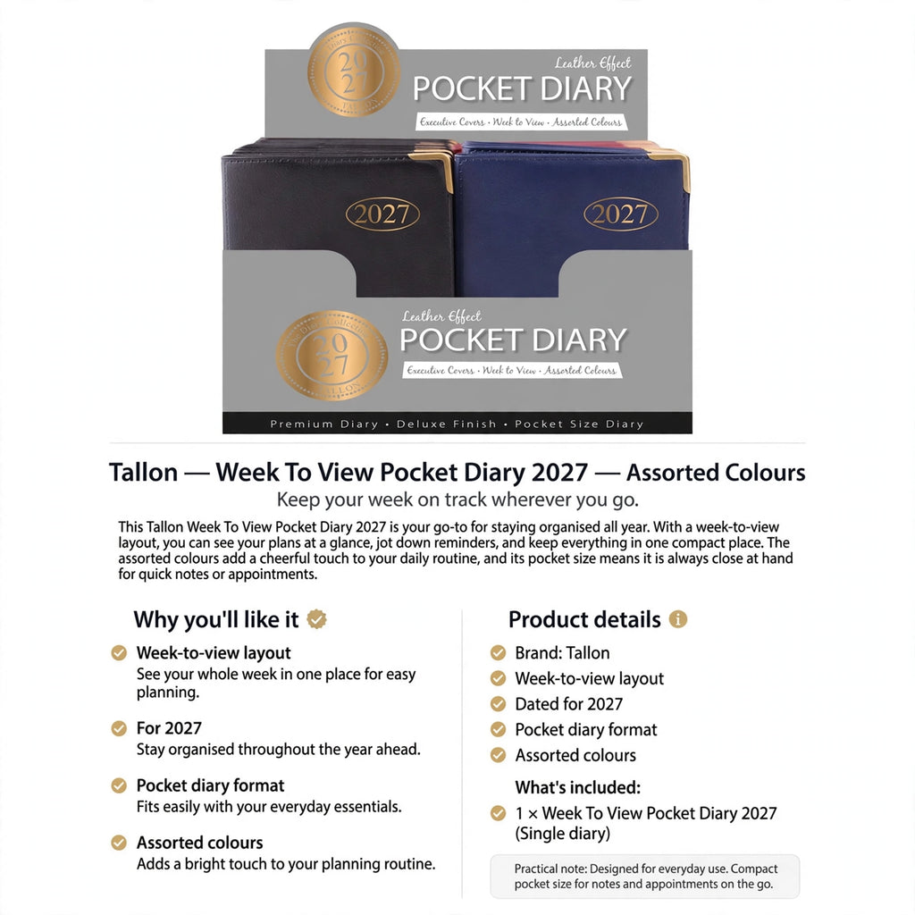 Information about Tallon Week To View Pocket Diary 2027 features including week-to-view layout and pocket size