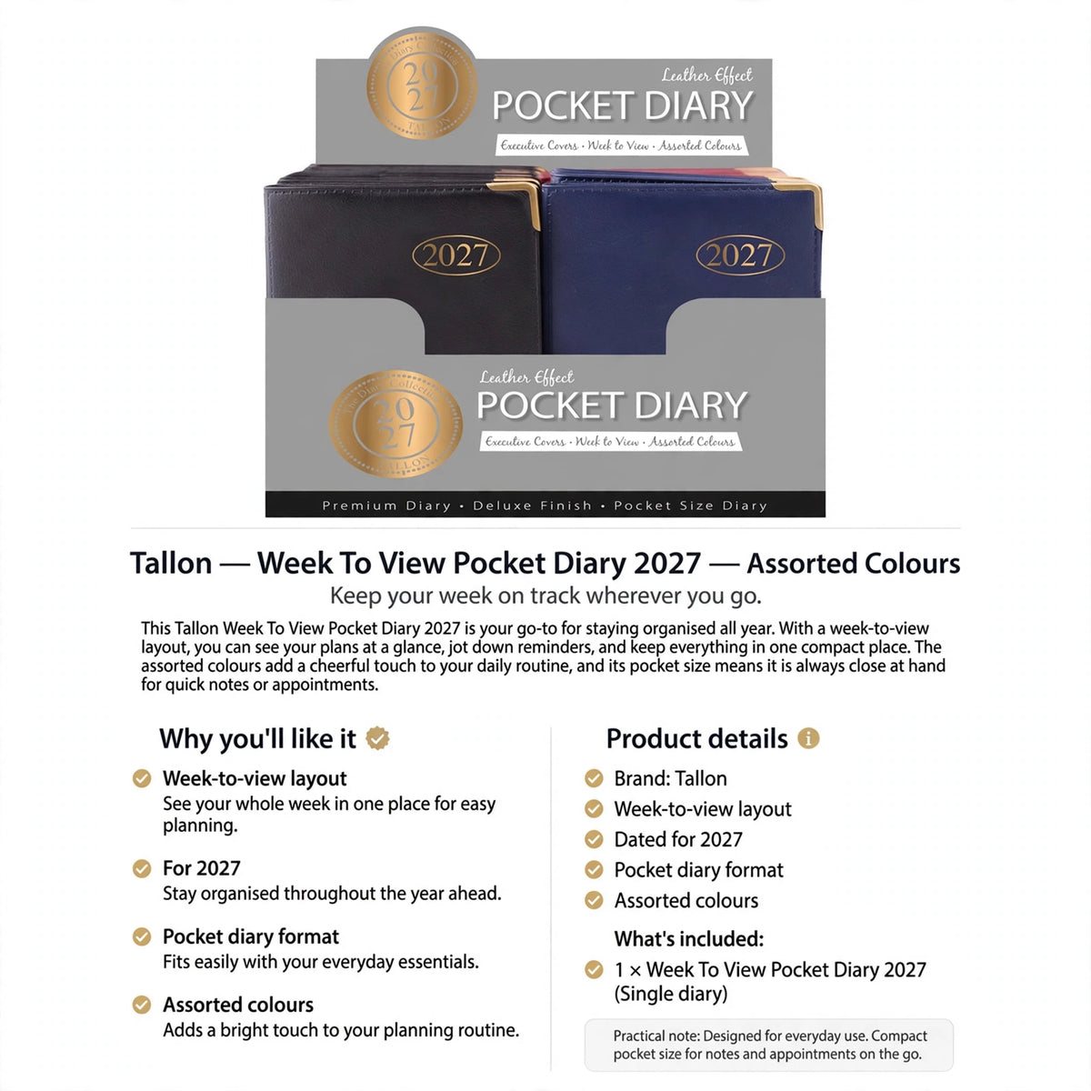 Information about Tallon Week To View Pocket Diary 2027 features including week-to-view layout and pocket size