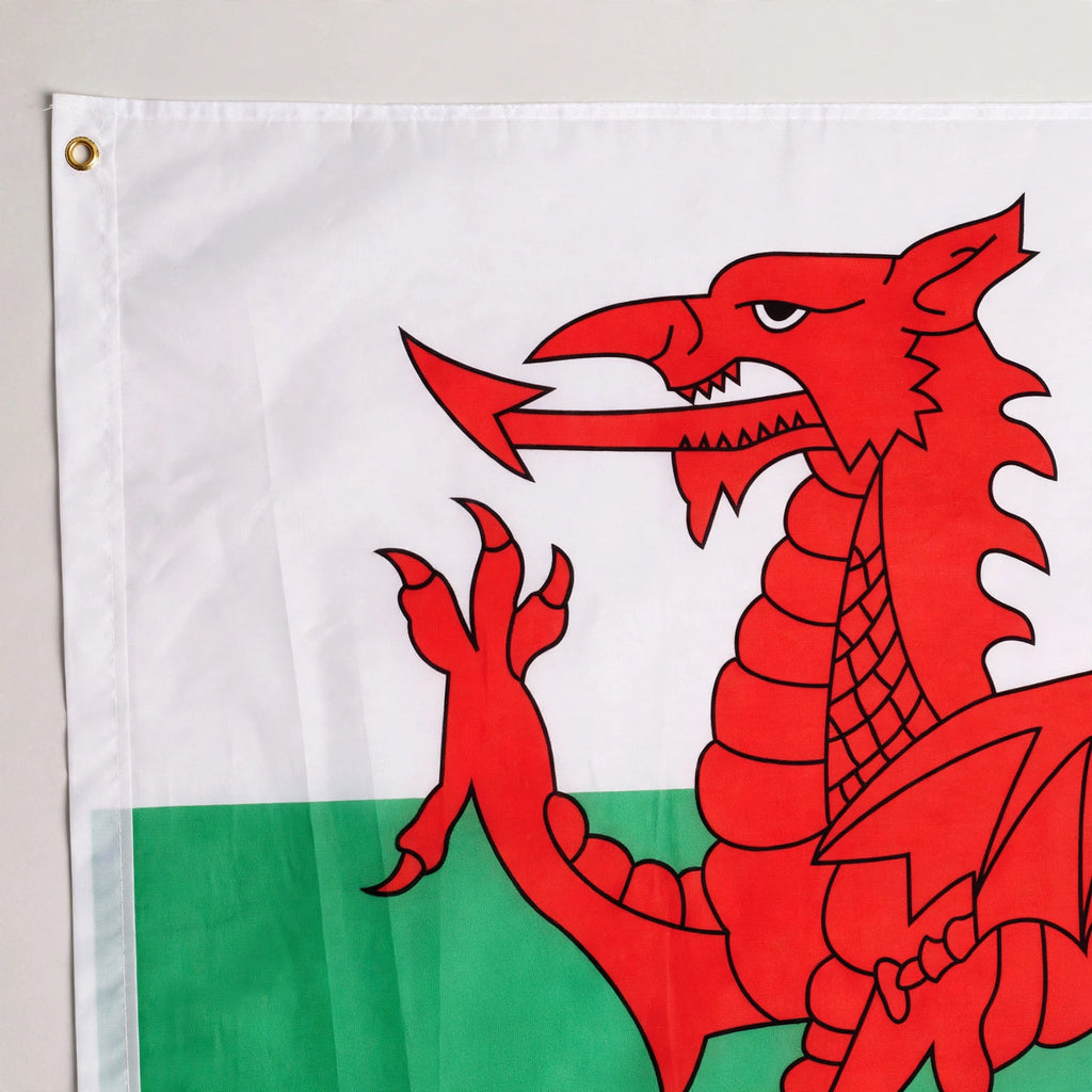 Close-up of Welsh Flag 5ft x 3ft showing red dragon design and brass eyelets