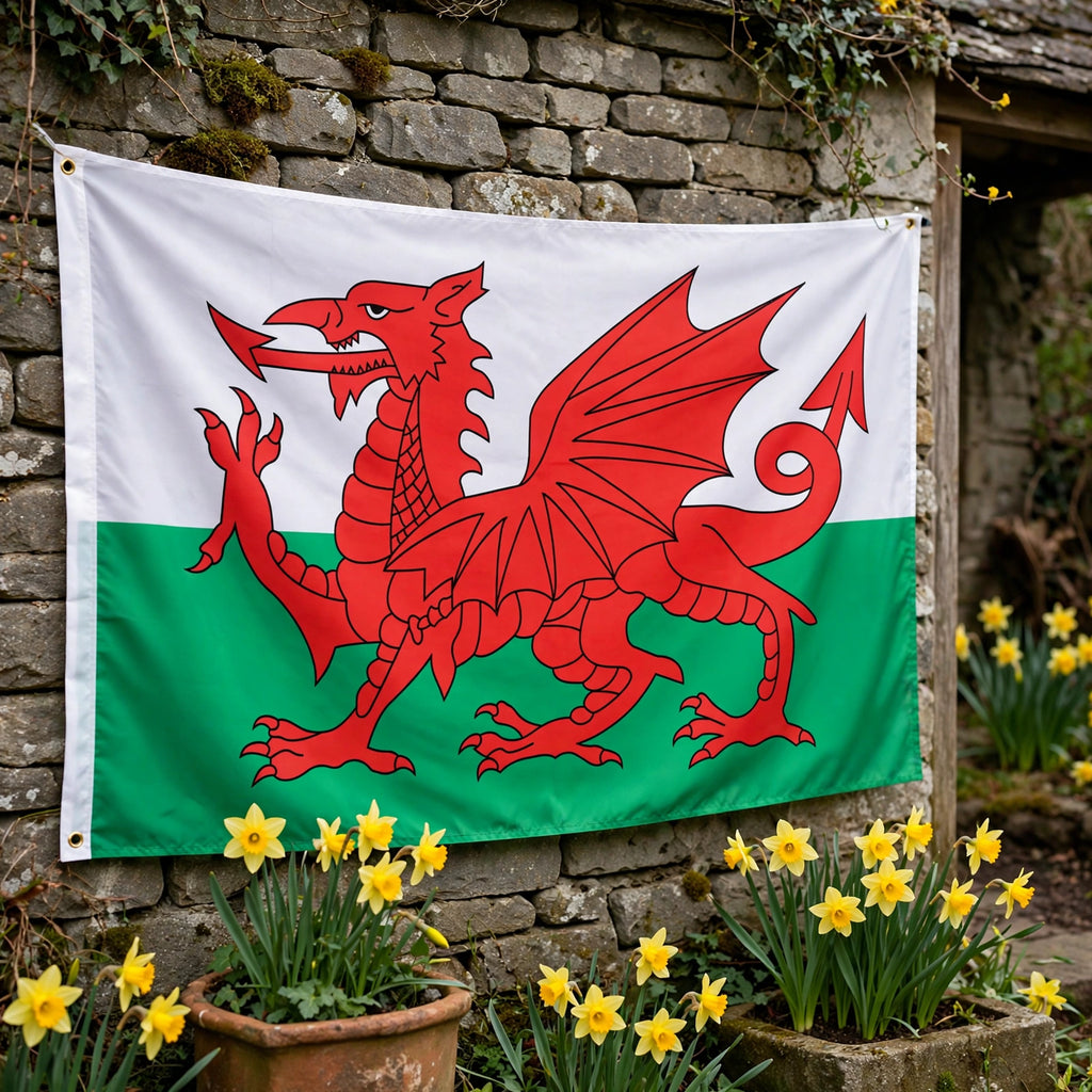 Welsh Flag 5ft x 3ft displayed outdoors for St David's Day celebrations or rugby weekends