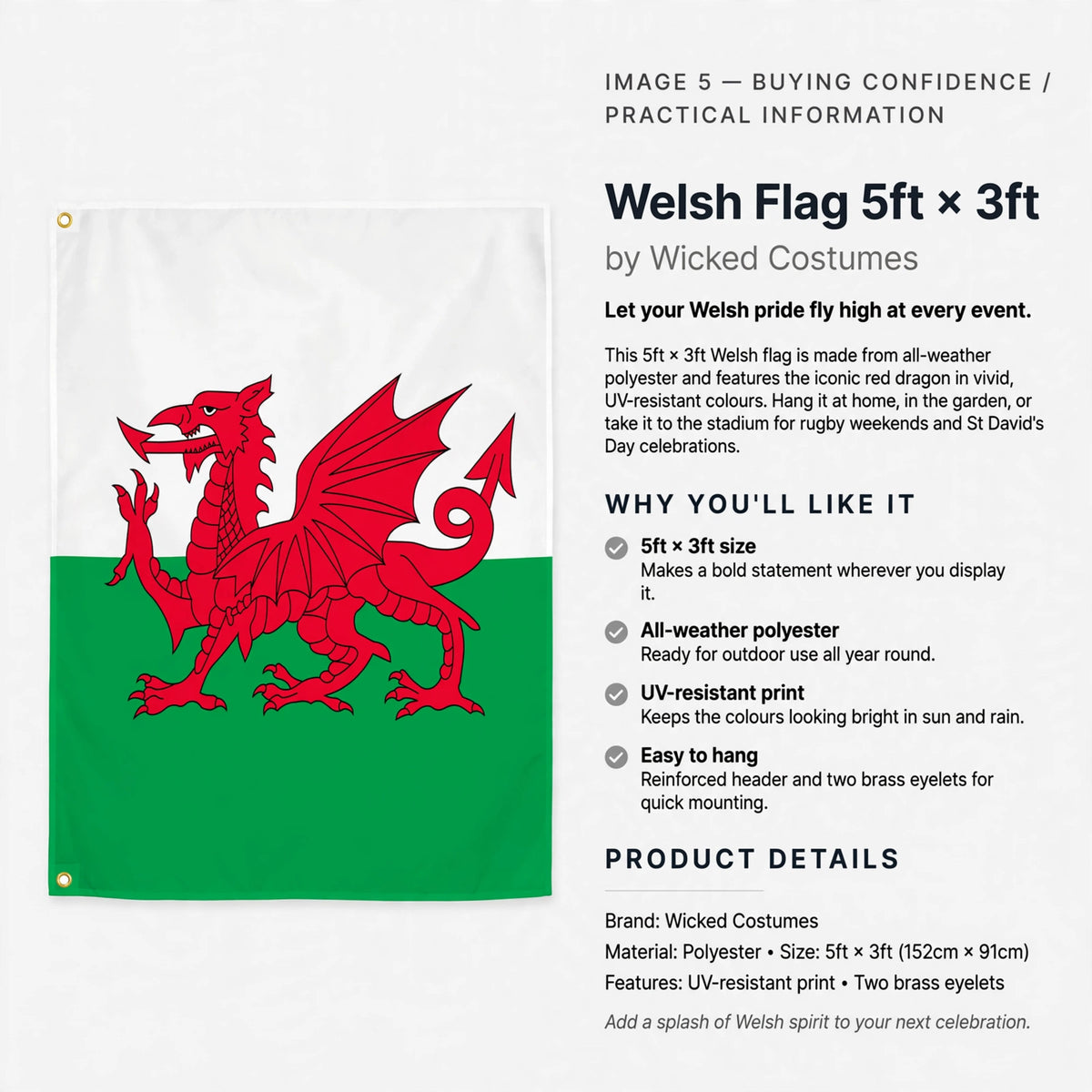 Welsh Flag 5ft x 3ft with reinforced header and two brass eyelets for easy hanging