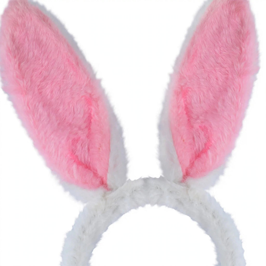 Close-up view of white bunny ears headband with pink fur