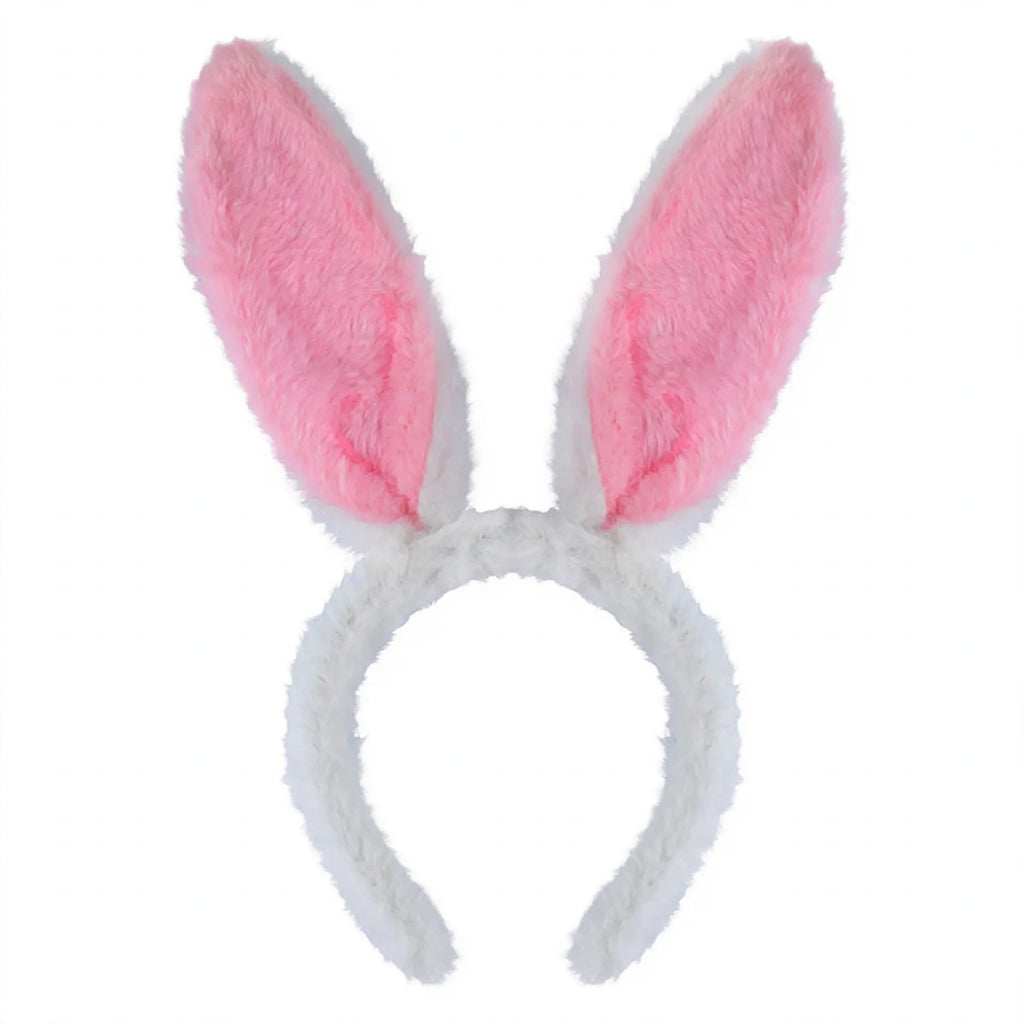 White bunny ears headband with pink fur accent