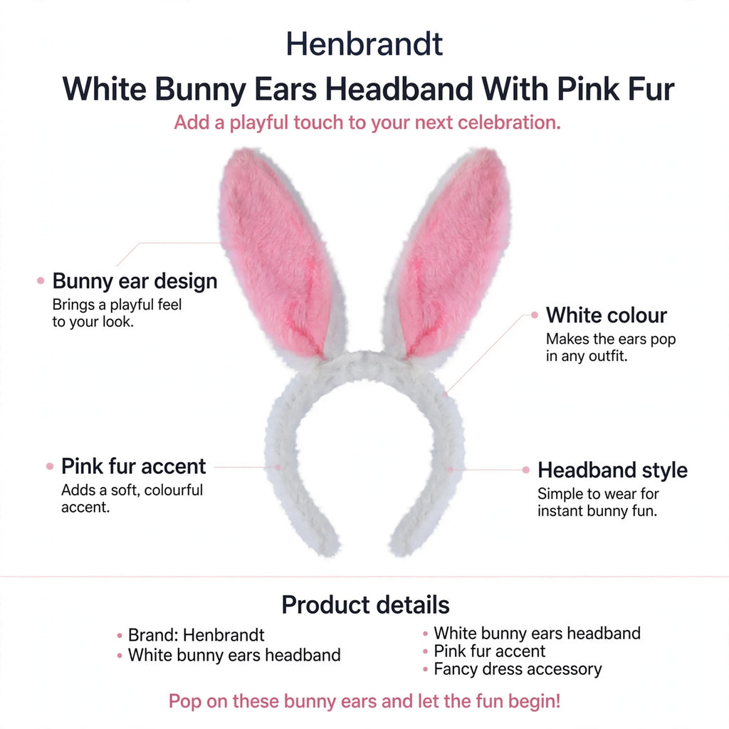 Infographic showing bunny ear design, white colour, pink fur accent, and headband style
