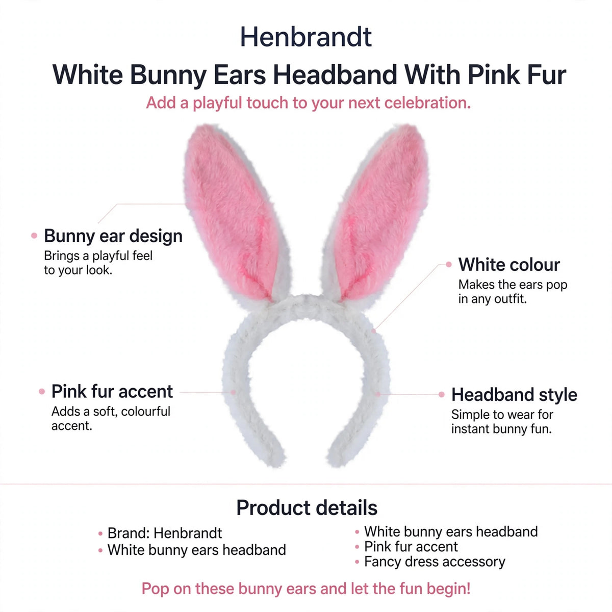 Infographic showing bunny ear design, white colour, pink fur accent, and headband style
