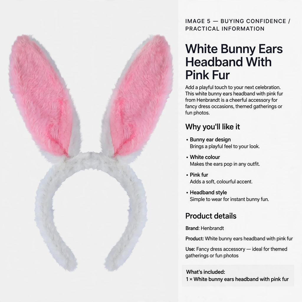White bunny ears headband with pink fur for fancy dress accessory