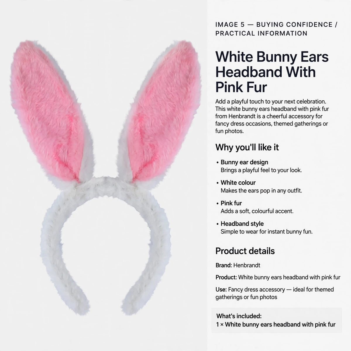 White bunny ears headband with pink fur for fancy dress accessory