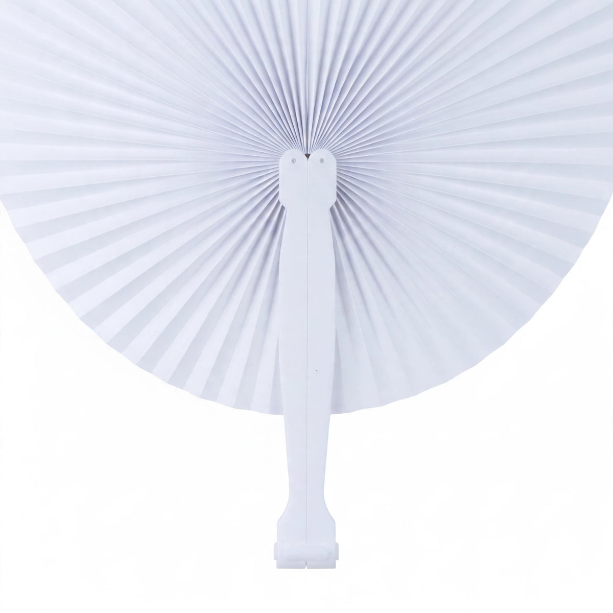 Close-up of white heart-shaped paper fan with white plastic handle