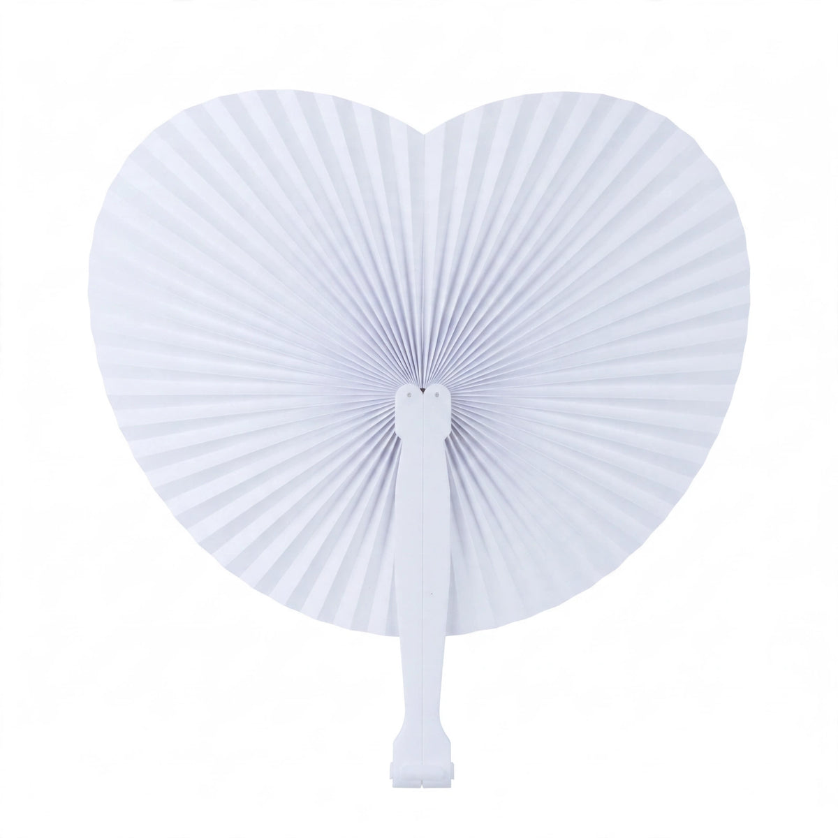 White heart-shaped paper fan with white plastic handle 14.5cm
