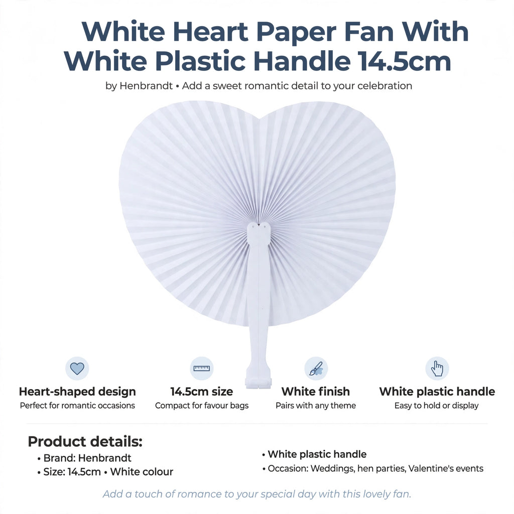 Infographic showing heart-shaped design, 14.5cm size, white finish, and white plastic handle