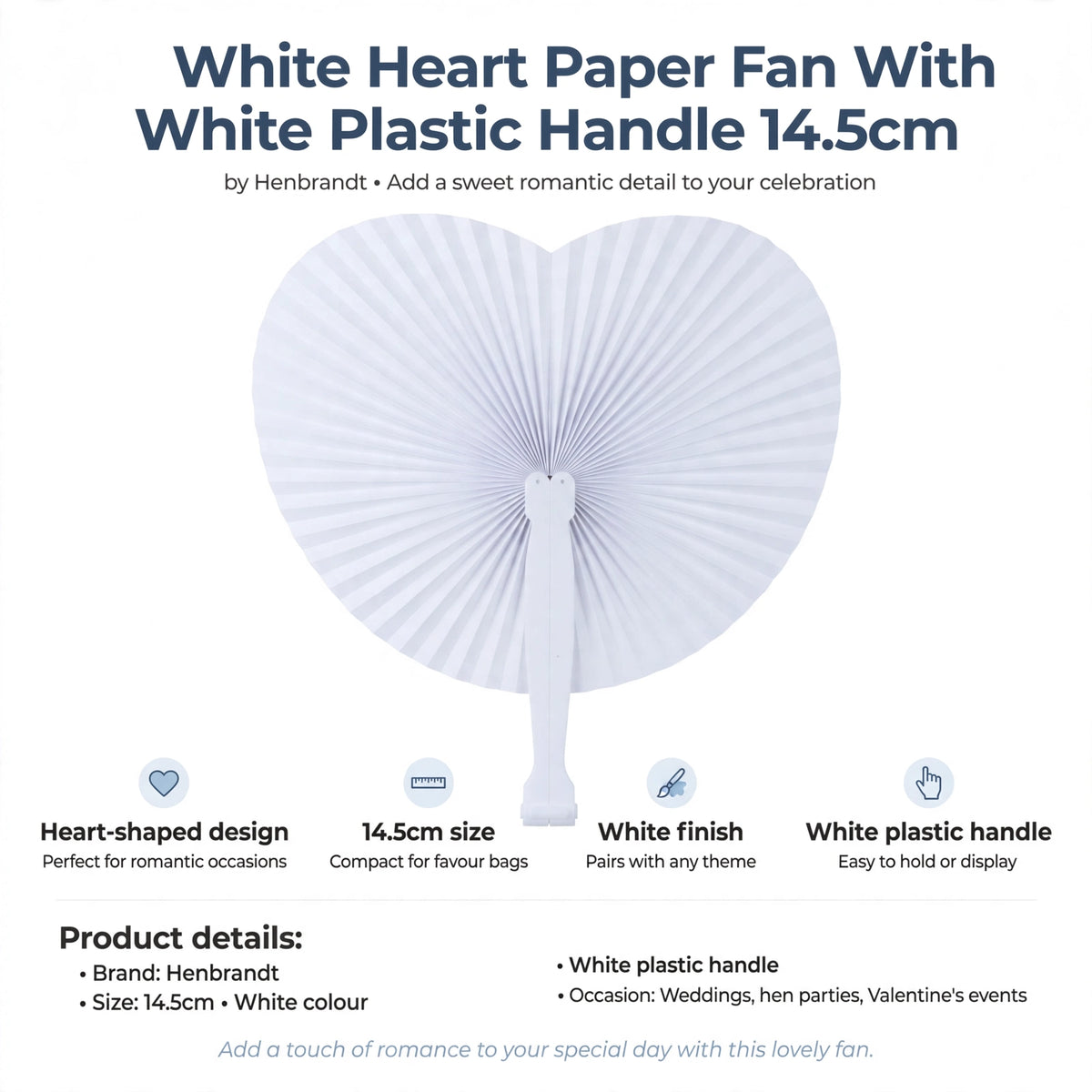 Infographic showing heart-shaped design, 14.5cm size, white finish, and white plastic handle