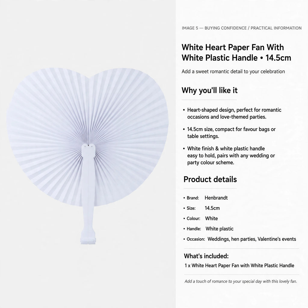 White heart-shaped paper fan suitable for weddings, hen parties, and Valentine's events