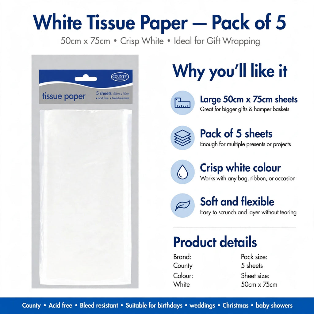 Infographic showing large 50cm by 75cm sheets, pack of 5, crisp white colour, soft and flexible tissue paper