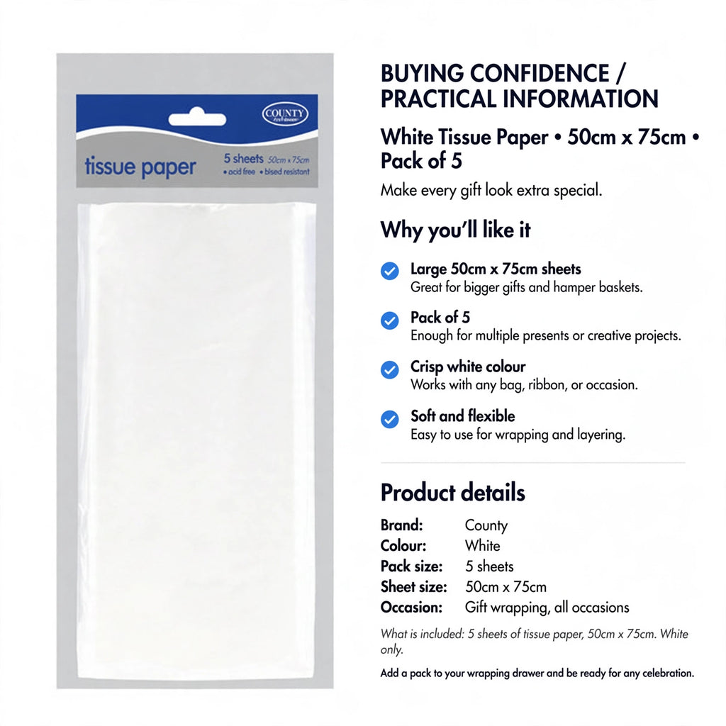 Information about pack size of 5 sheets and sheet dimensions for gift wrapping