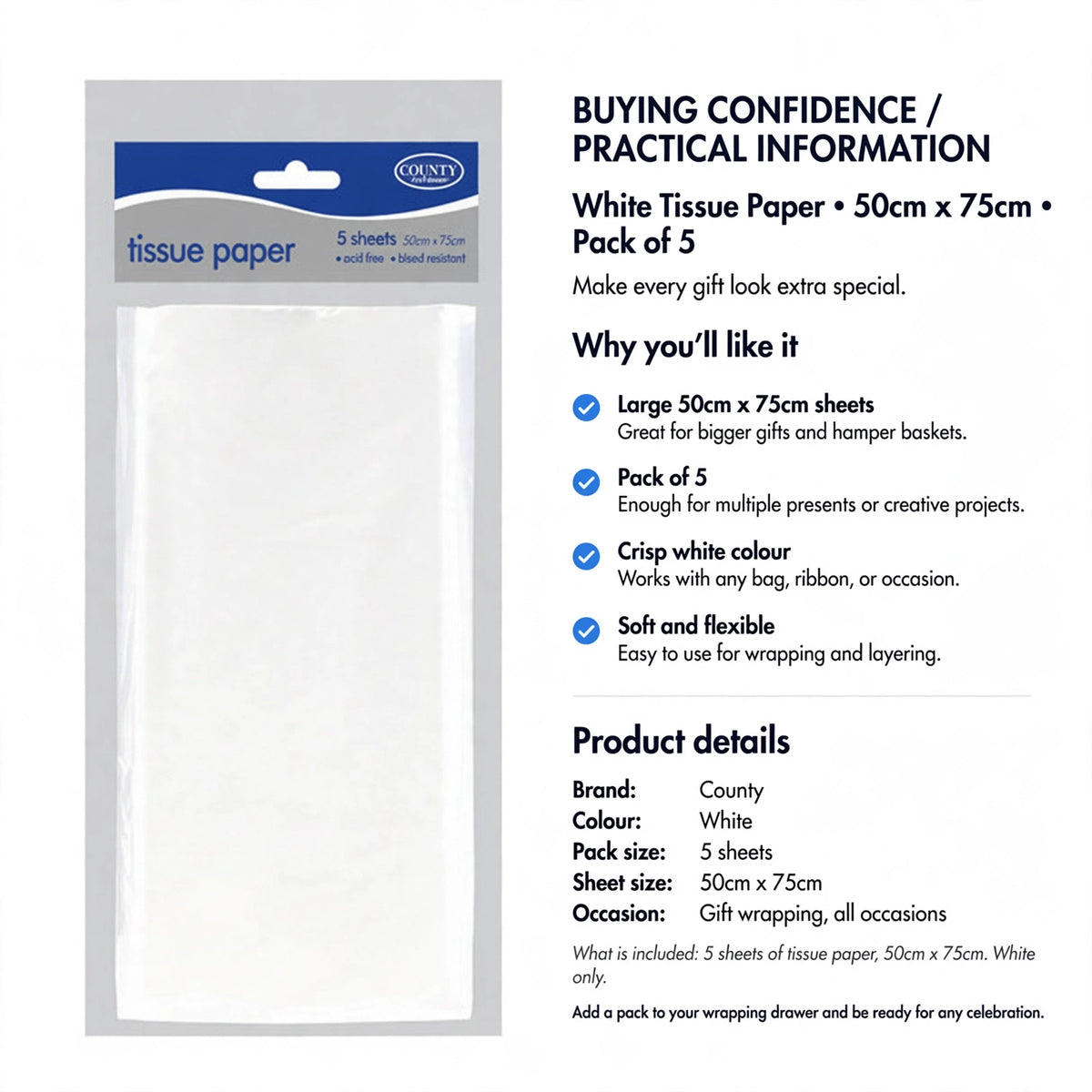 Information about pack size of 5 sheets and sheet dimensions for gift wrapping