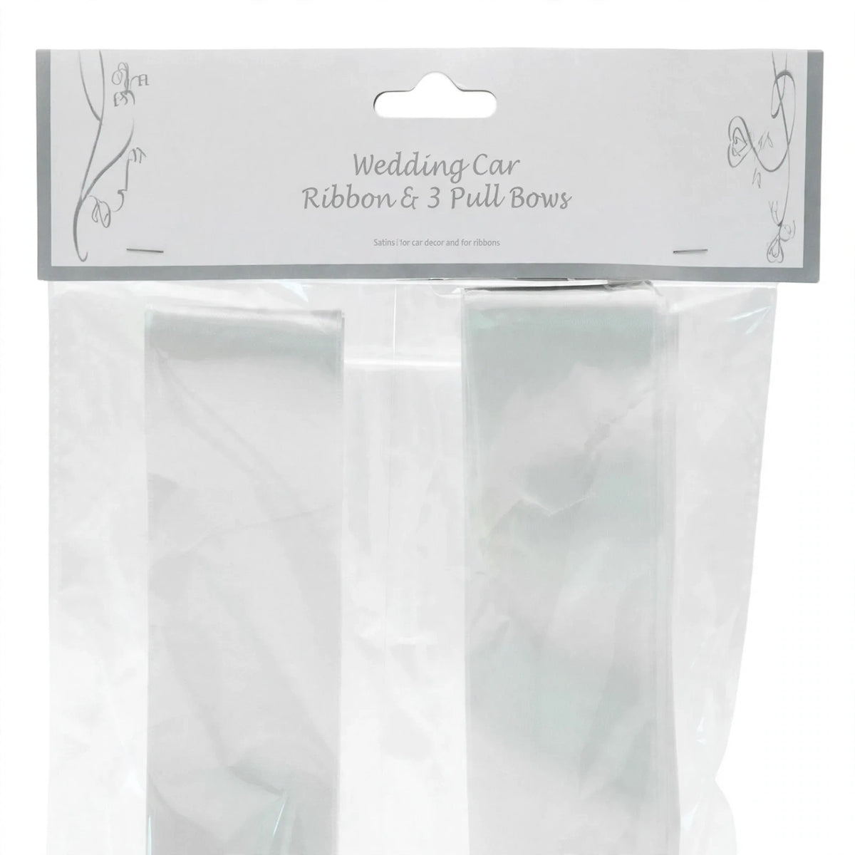 Close-up view of white satin ribbon and pre-tied pull bow from wedding car ribbon pack