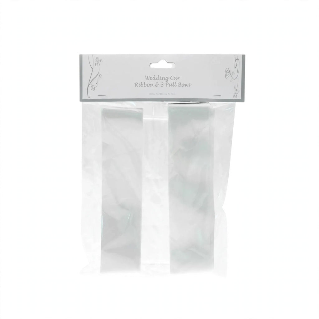 White wedding car ribbon and pull bows pack with three white satin ribbons and matching pre-tied bows