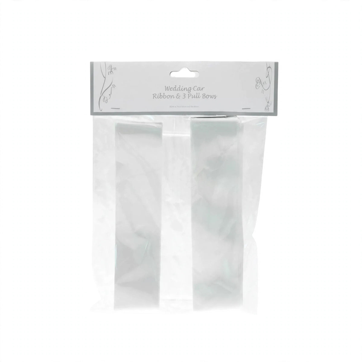 White wedding car ribbon and pull bows pack with three white satin ribbons and matching pre-tied bows